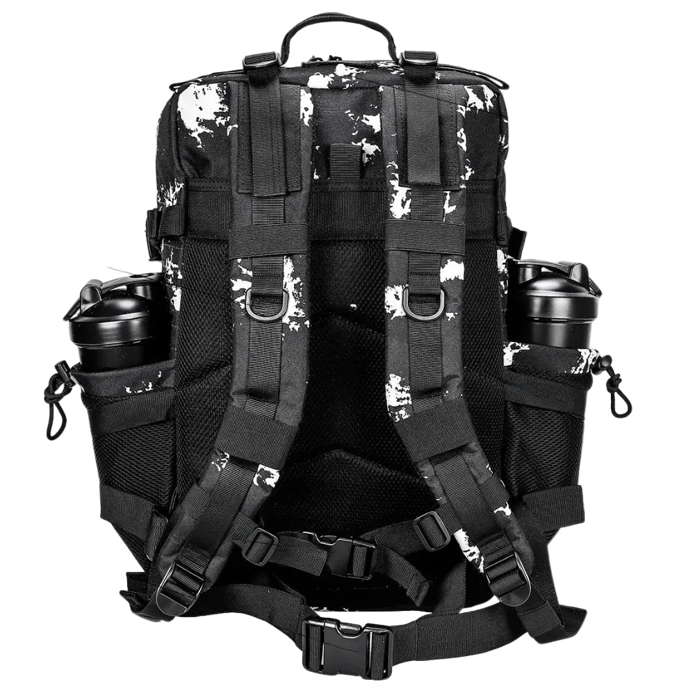 Black tactical backpack with white camouflage pattern on a white background