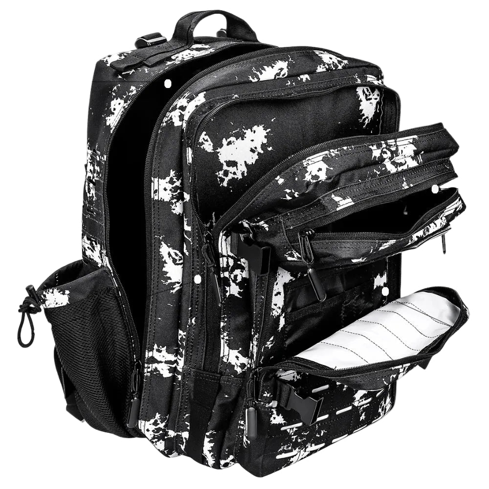Black and white camouflage backpack with open compartments on a white background