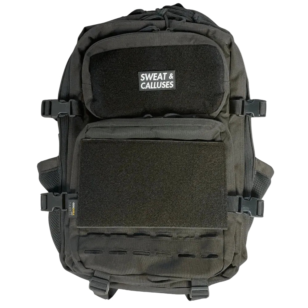 Black tactical backpack with 'Sweat & Calluses' logo on a white background