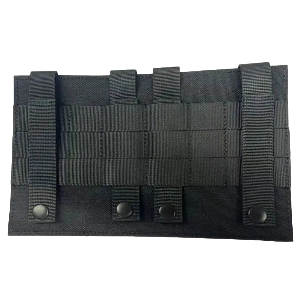 Black tactical velcro panel with multiple straps on a white background