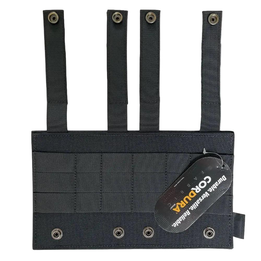 Black tactical vest panel with straps on a white background
